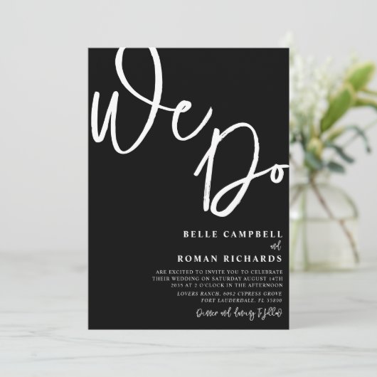 Invitation Elégant Nous faisons Script Mariage noir et blanc (Debout devant)