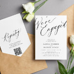 Invitation Élégant Nous sommes engagés pour la partie de fian<br><div class="desc">Simple minimaliste chic de calligraphie blanche et noir nous sommes engagés script d'engagement invitation partie avec le code QR du registre à l'arrière.</div>