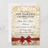 Invitation Elégant Nouvel An Eve Gold Bokeh éclaire Red Bow (Devant)