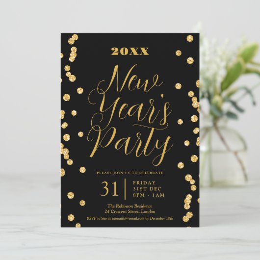 Invitation Elégant Nouvel An Eve Gold Parties scintillant Con (Debout devant)