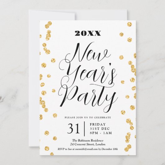 Invitation Elégant Nouvel An Eve Gold Parties scintillant Con (Devant)