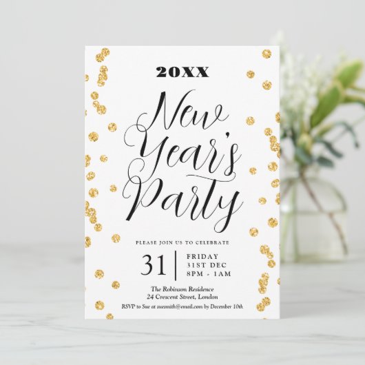 Invitation Elégant Nouvel An Eve Gold Parties scintillant Con (Debout devant)