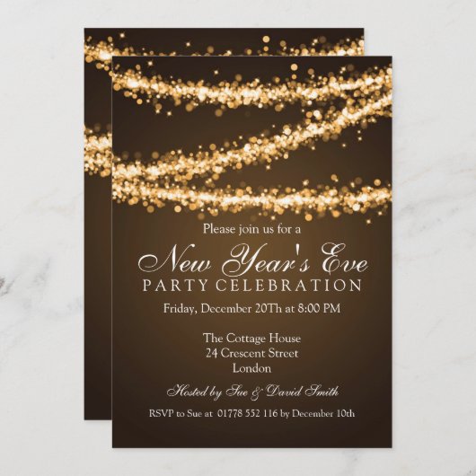 Invitation Élégant Nouvel An Eve Gold String Lights (Devant / Derrière)