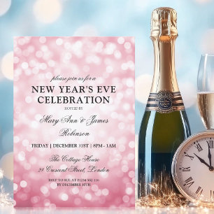 Invitation Élégant Nouvel An Eve Rose Bleu Bokeh Lumières