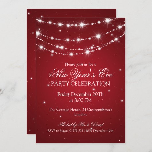 Invitation Élégant Nouvel An Sparkling Chain Red (Devant / Derrière)