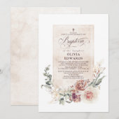 Invitation Elégant nuances de terre Floral Baptême naturel (Devant / Derrière)