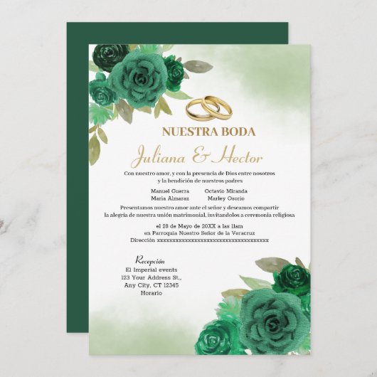 Invitation Élégant Nuestra Boda Emerald Green (Devant / Derrière)