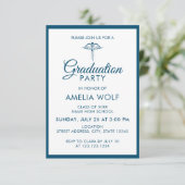 Invitation Élégant Ocean Blue Caduceus Pharmacien Graduation (Debout devant)