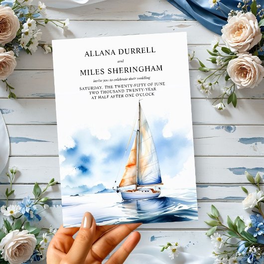 Invitation Elégant Ocean Sailboat Watercolor Mariage côtier