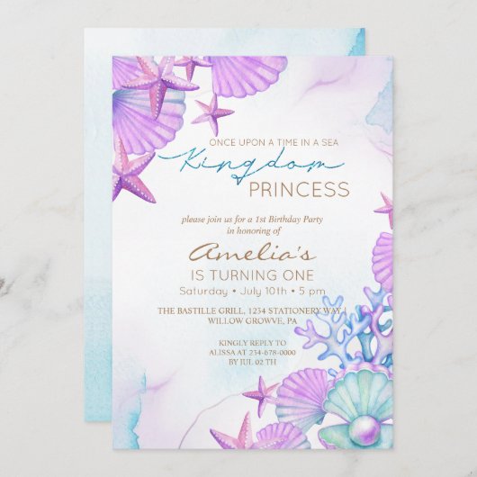 Invitation Elégant Ocean shells Plage 1er anniversaire (Devant / Derrière)