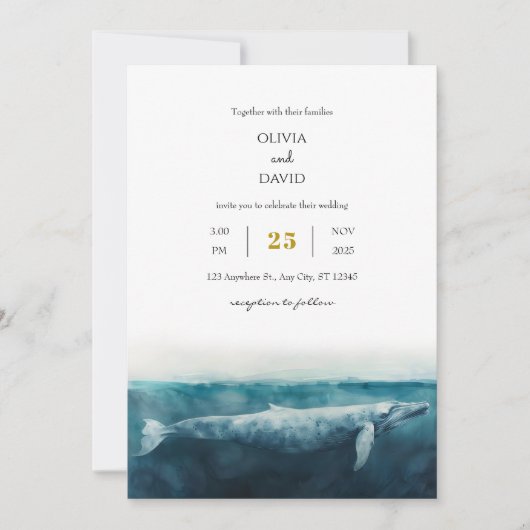 Invitation Elégant Oceanic Blue Whale Plage artistique Mariag (Devant)