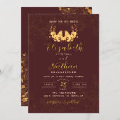 Invitation Élégant Oiseaux d'or bordeaux foncé Mariage floral (Devant / Derrière)