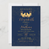 Invitation Elégant Oiseaux d'or Floral Navy Mariage bleu (Devant)