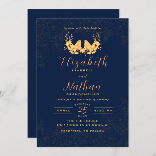 Invitation Elégant Oiseaux d'or Floral Navy Mariage bleu (Devant / Derrière)