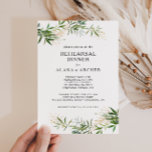 Invitation Élégant Olive Greenersal Dîner de répétition Invit<br><div class="desc">Cette élégante invitation à la répétition de verdure d'olivier est parfaite pour votre mariage boho d'été moderne. Il est conçu avec de l'aquarelle vert émeraude et des feuilles de couleur sauge, des touches d'or botanique, des fleurs d'olivier rose vif et une simple typographie vintage noire. Tous ces éléments se conjuguent...</div>