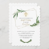 Invitation Élégant Olive Greenery Gold Cross Baptism (Devant / Derrière)