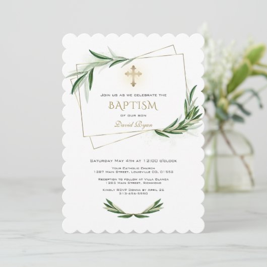 Invitation Élégant Olive Greenery Gold Cross Baptism (Debout devant)
