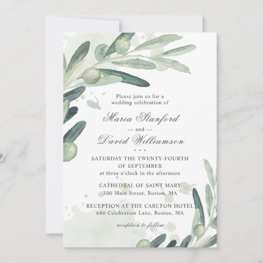 Invitation Élégant Olive Sprig Branche Mariage de verdure (Devant)