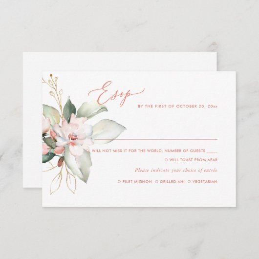 Invitation Elégant Ombre Blush Roses bleu rose, Repas RSVP (Devant / Derrière)