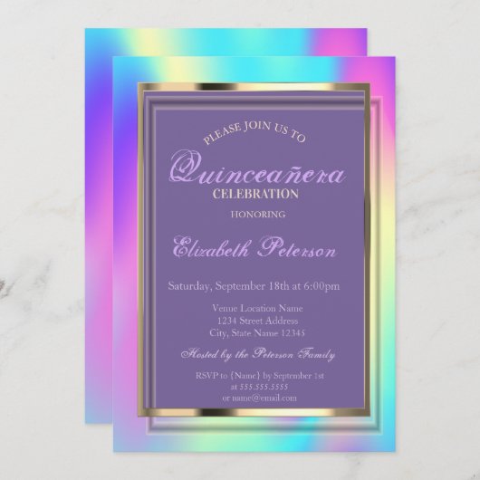 Invitation Elegant Ombre Holographique Quinceañera (Devant / Derrière)