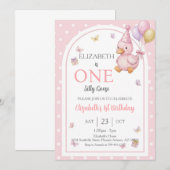 Invitation Elegant One Silly Goose Pink Bow Girl 1st Birthday (Devant / Derrière)