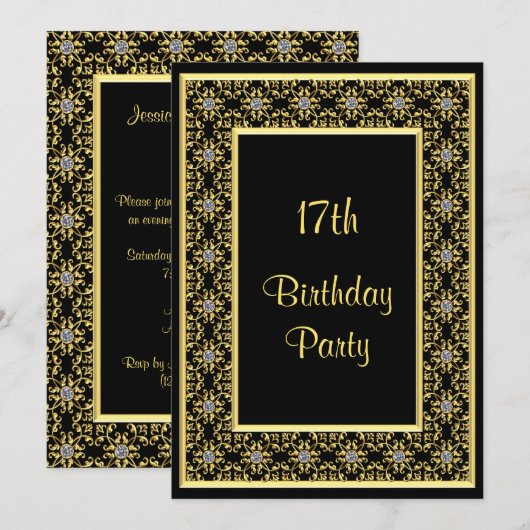 Invitation Élégant Or, 17e Anniversaire de Diamond Gem (Devant / Derrière)