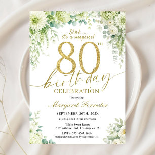 Invitation Élégant Or 80e Anniversaire Eucalyptus Ivoire Flor