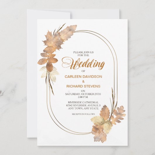 Invitation Elégant or aquarelle automne feuilles Mariage (Devant)