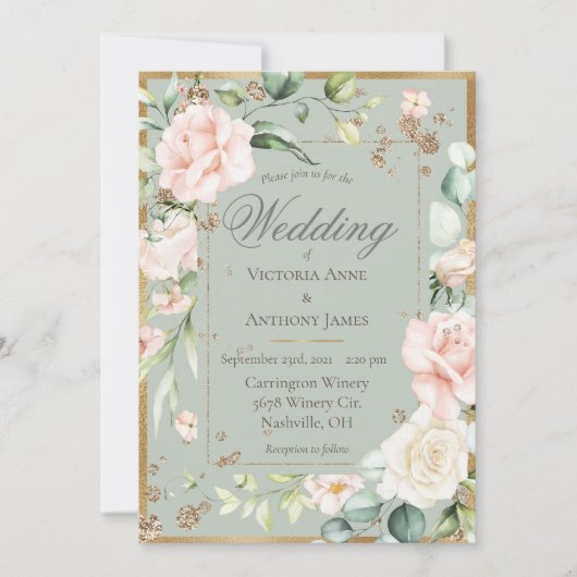 Invitation Elégant or aquarelle Romantique Floral Mariage (Devant)