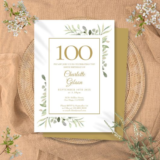 Invitation Elégant or Aquarelle Verdure 100e anniversaire