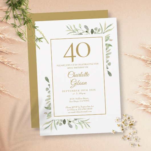 Invitation Elégant or Aquarelle Verdure 40e anniversaire