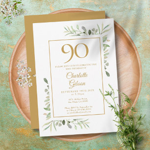 Invitation Elégant or Aquarelle Verdure 90e anniversaire