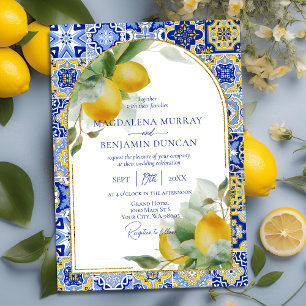Invitation Elégant or Arc Italien Carrelage bleu citron Maria