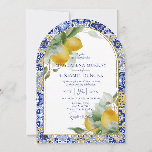 Invitation Elégant or Arc Italien Carrelage bleu citron Maria (Devant)