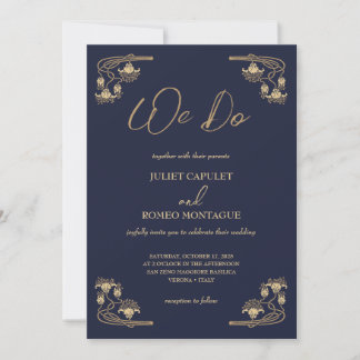 Invitation Elégant or Art Déco sur bleu nous faisons mariage