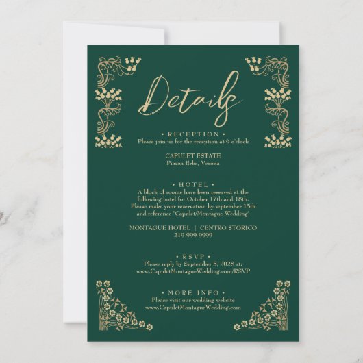 Invitation Elégant or Art Déco sur vert All In One mariage (Dos)