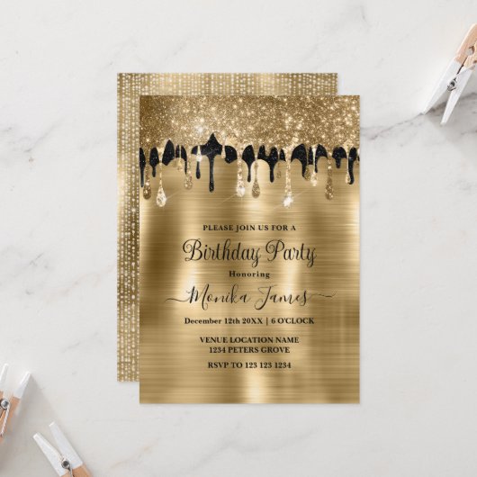 Invitation Elégant or Black Sparkle Parties scintillant Drith (Devant/Arrière en situation)