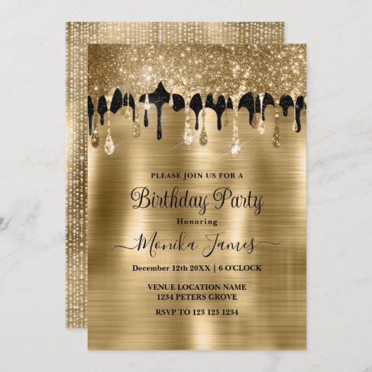 Invitation Elégant or Black Sparkle Parties scintillant Drith (Devant / Derrière)