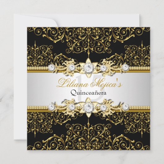 Invitation Elégant or & Black Swirl Damask Quinceanera (Devant)