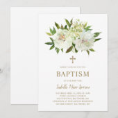 Invitation Élégant Or Blanc Floral Moderne Baptême (Devant / Derrière)