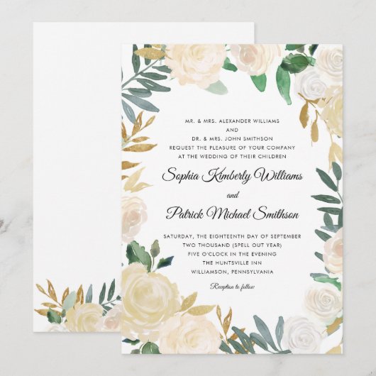 Invitation Élégant or blanc floral | tous les parents (Devant / Derrière)