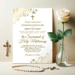 Invitation Elégant or & blanc Mariage catholique moderne<br><div class="desc">Cette belle faire-part de mariage est parfaite pour une cérémonie catholique moderne. Il dispose d'un design magnifique avec des lettrages en or élégant et orné de boucles et tourbillons dorés dans les coins. Inclut une croix ou un crucifix, et une formulation invitant vos invités à assister à une messe nuptiale...</div>