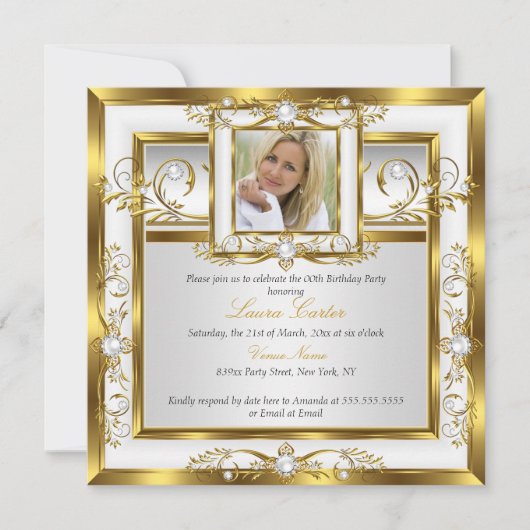 Invitation Elégant or blanc perle photo Anniversaire fête 2 (Devant)