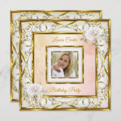Invitation Elégant or blanc rose rose photo fête d'anniversai (Devant / Derrière)