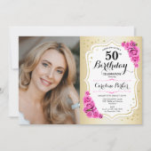 Invitation Elégant or blanc rose roses photo 50e anniversaire (Devant)
