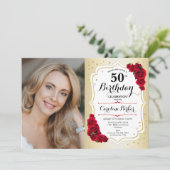 Invitation Elégant or blanc Roses rouges photo 50e anniversai (Debout devant)