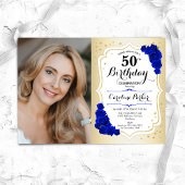 Invitation Elégant or blanc Royal Bleu photo 50e anniversaire