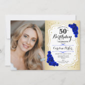 Invitation Elégant or blanc Royal Bleu photo 50e anniversaire (Devant)