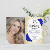 Invitation Elégant or blanc Royal Bleu photo 50e anniversaire (Debout devant)