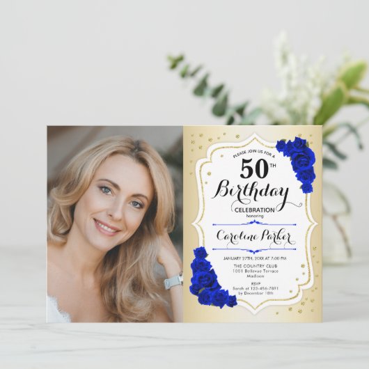 Invitation Elégant or blanc Royal Bleu photo 50e anniversaire (Debout devant)
